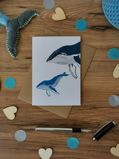 Humpback Whale greeting card- handprinted Lino cut card for new baby, first birthday
