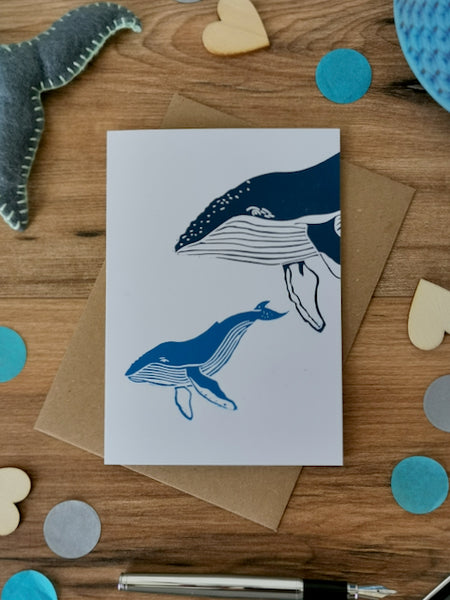 Humpback Whale greeting card- handprinted Lino cut card for new baby, first birthday