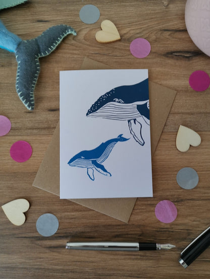 Humpback Whale greeting card- handprinted Lino cut card for new baby, first birthday