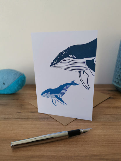 Humpback Whale greeting card- handprinted Lino cut card for new baby, first birthday