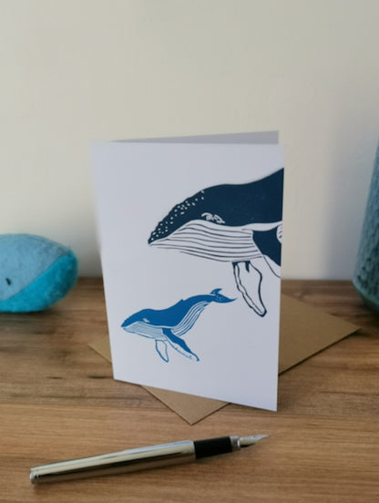 Humpback Whale greeting card- handprinted Lino cut card for new baby, first birthday