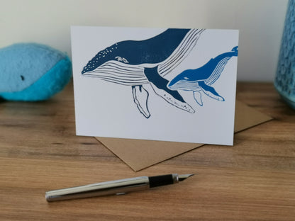 Humpback Whale greeting card- handprinted Lino cut card for new baby, first birthday