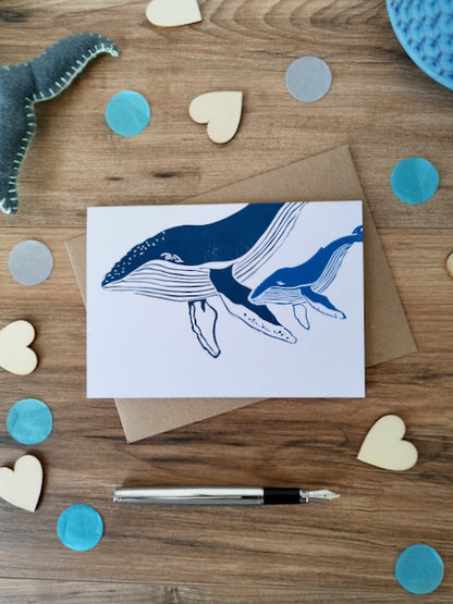 Humpback Whale greeting card- handprinted Lino cut card for new baby, first birthday