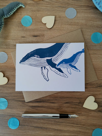 Humpback Whale greeting card- handprinted Lino cut card for new baby, first birthday