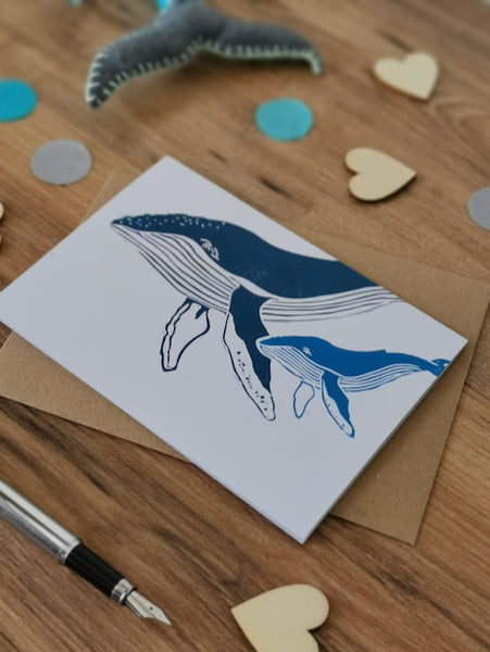 Humpback Whale greeting card- handprinted Lino cut card for new baby, first birthday