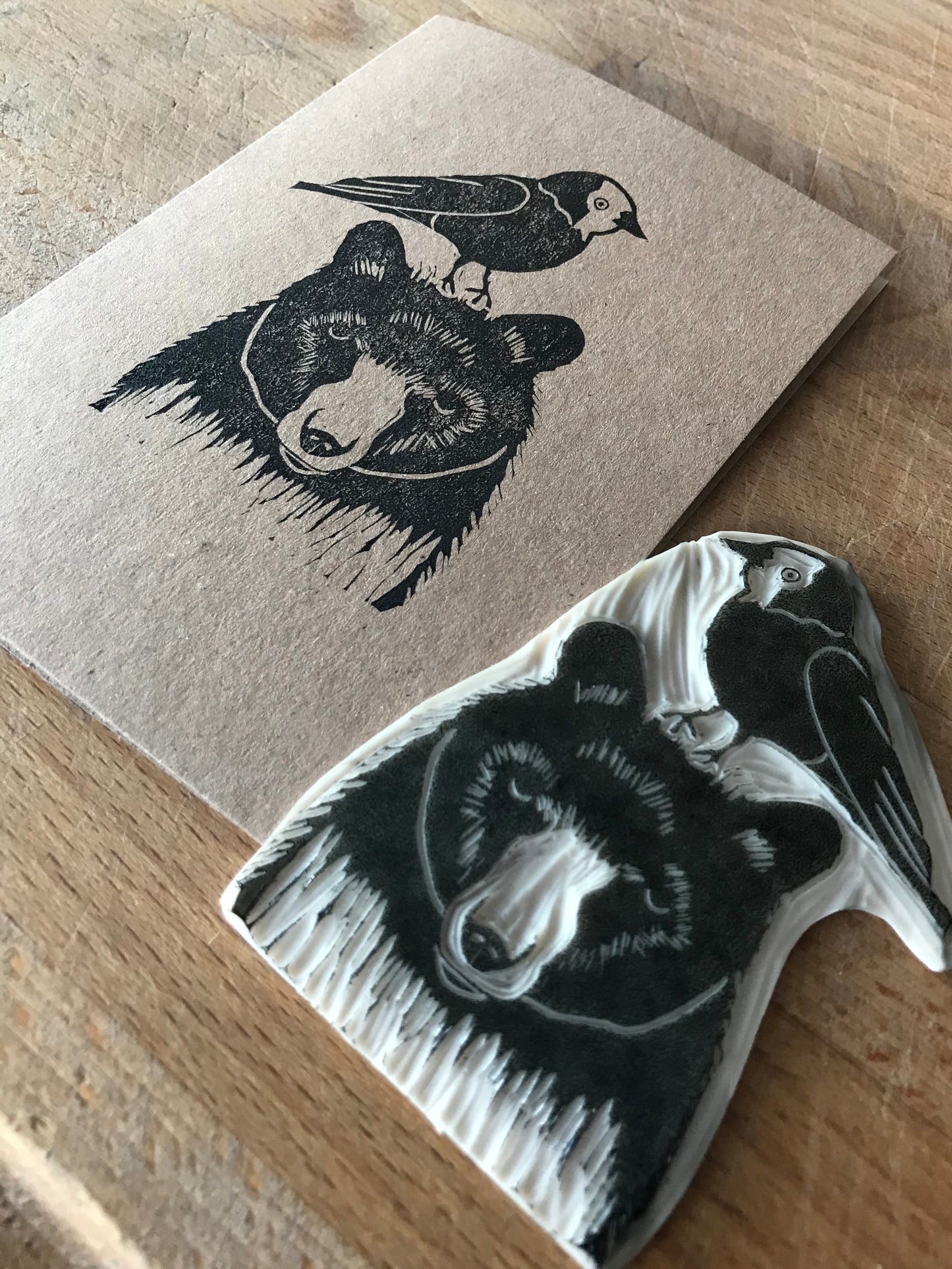 Jackdaw & Bear greeting card, Lino cut print friendship card