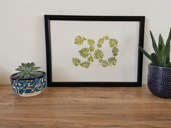 Special age monstera leaf lino cut art print birthday, anniversary gift
