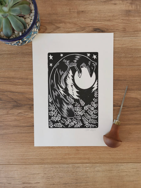 Fox folksy style hand printed linocut nature art print