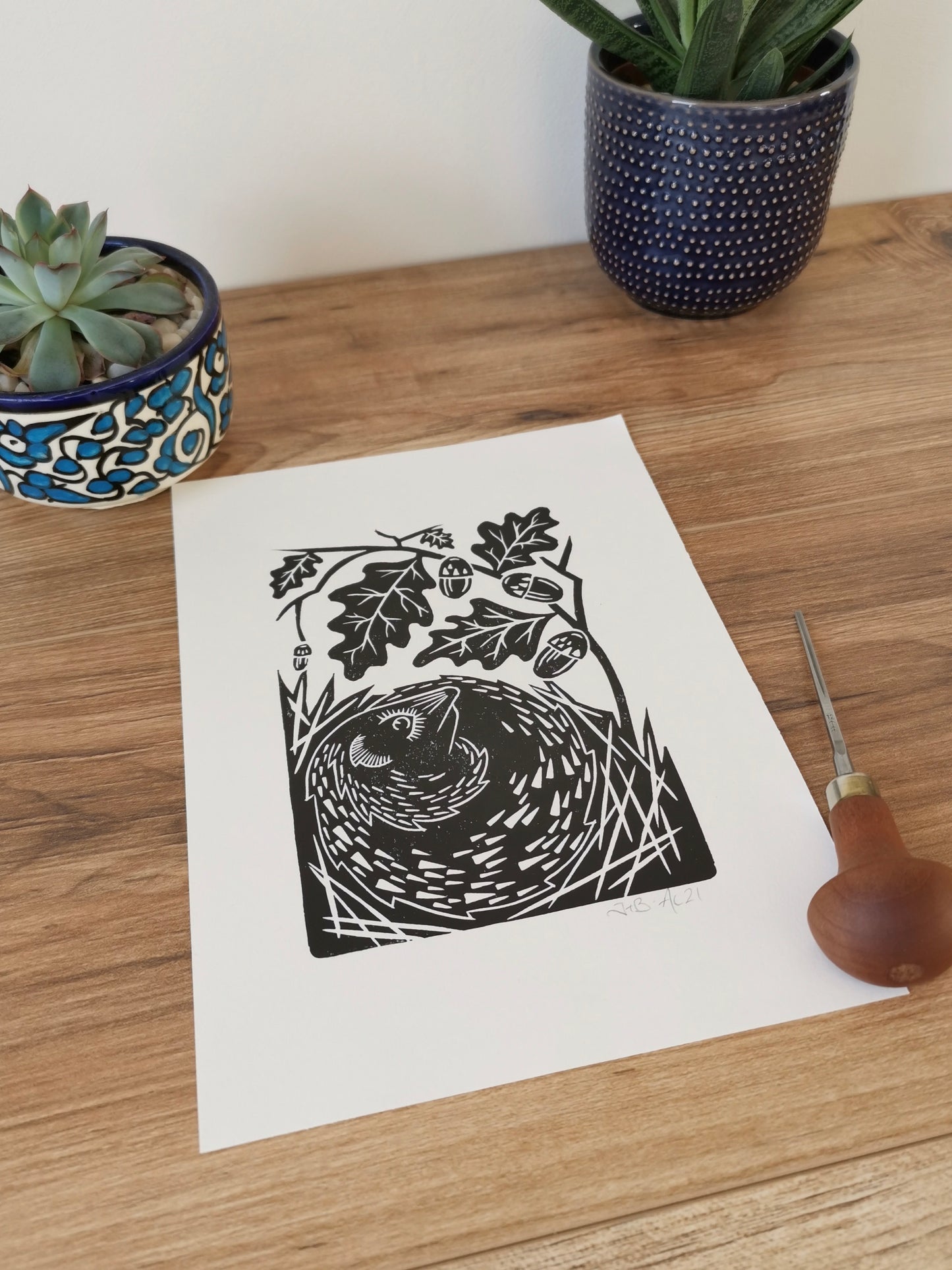 Hedgehog folksy style hand printed linocut nature art print