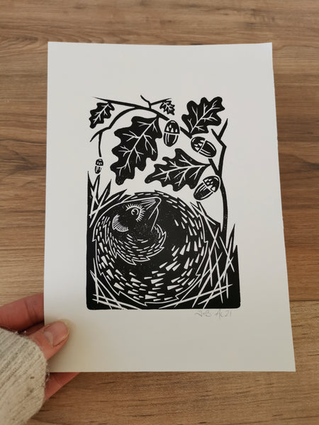 Hedgehog folksy style hand printed linocut nature art print