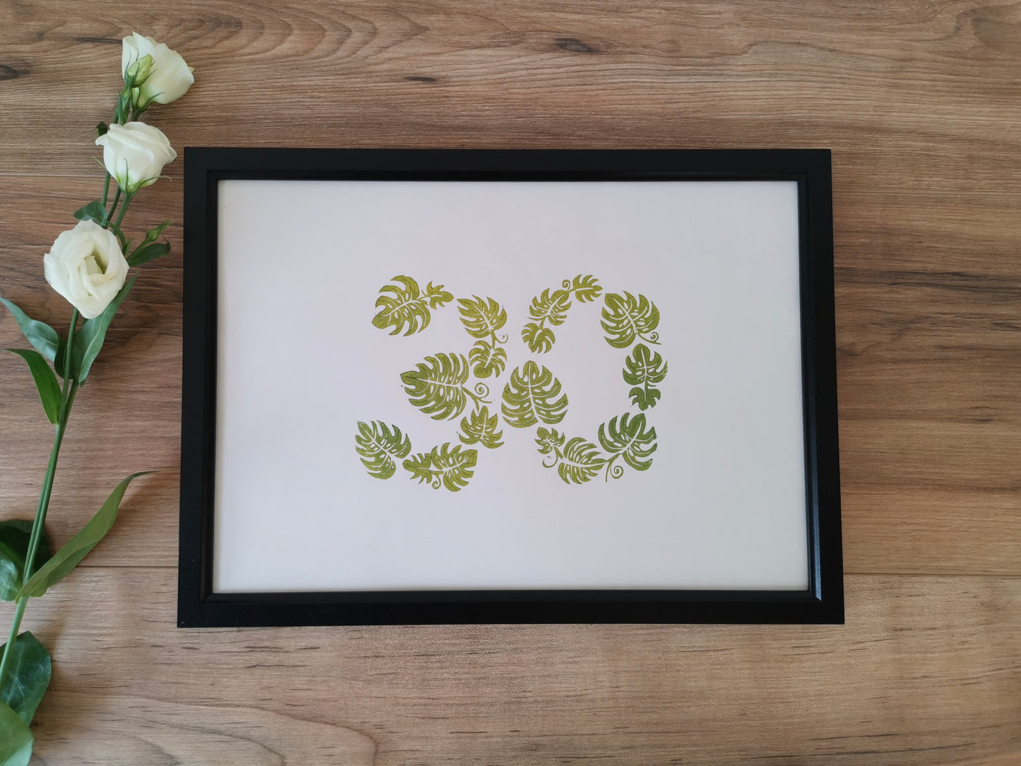 Special age monstera leaf lino cut art print birthday, anniversary gift