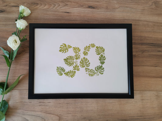 Special age monstera leaf lino cut art print birthday, anniversary gift