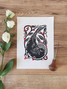 Jackdaw bird folksy style hand printed linocut nature art print