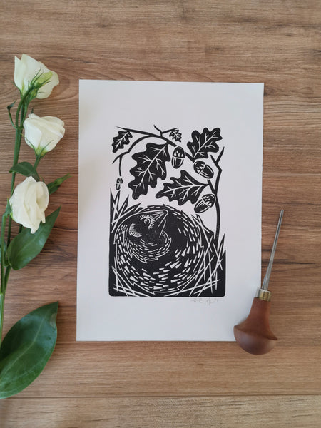 Hedgehog folksy style hand printed linocut nature art print