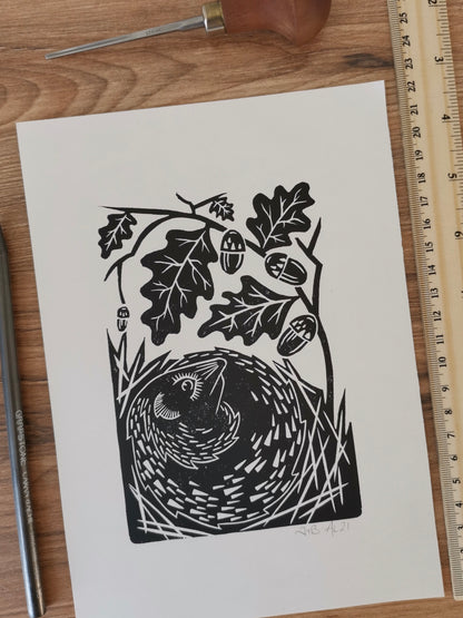 Hedgehog folksy style hand printed linocut nature art print