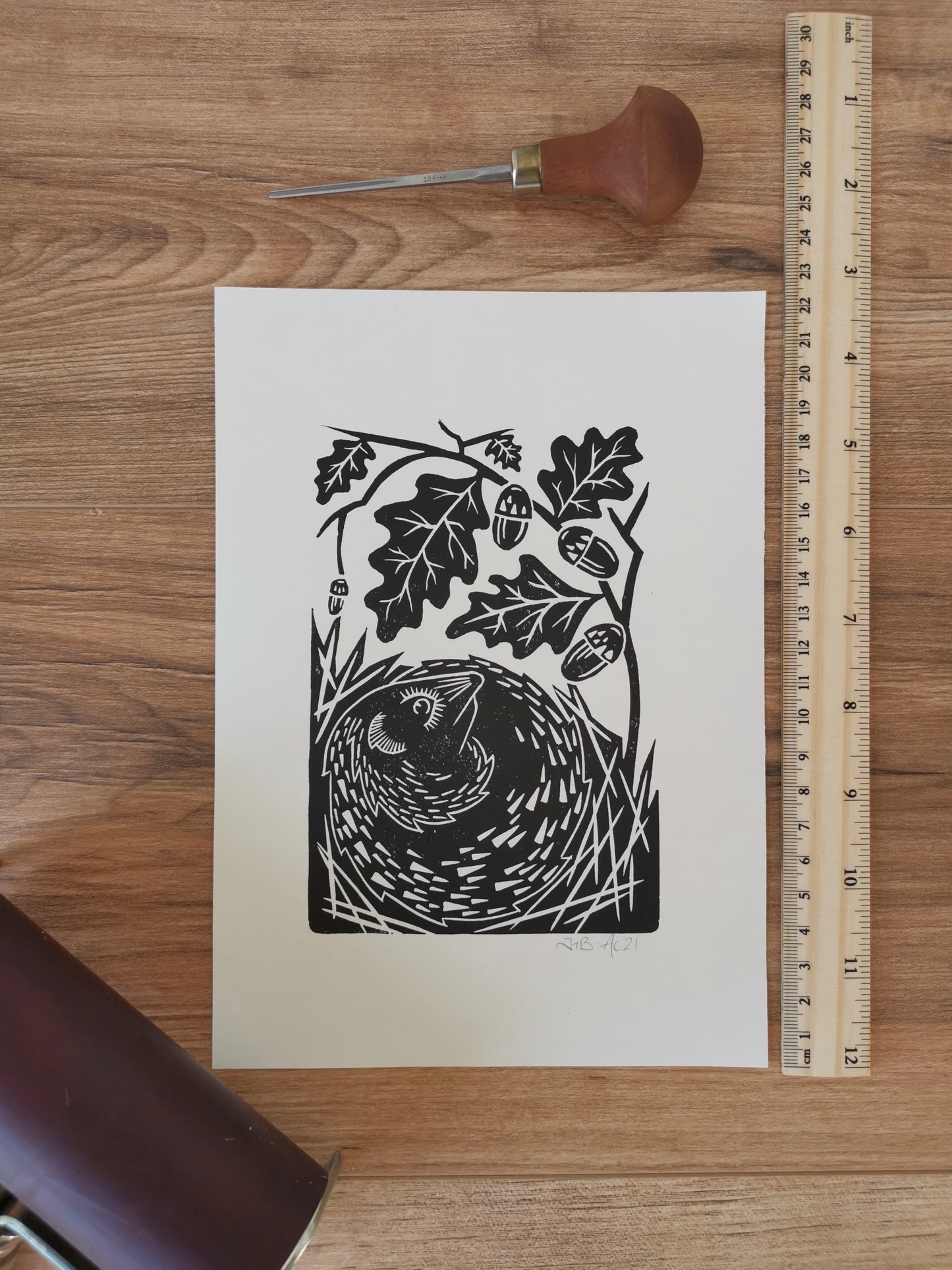 Hedgehog folksy style hand printed linocut nature art print