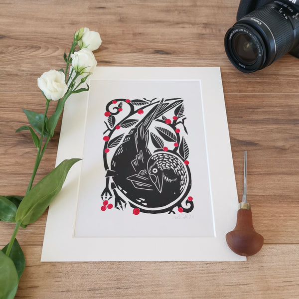 Jackdaw bird folksy style hand printed linocut nature art print