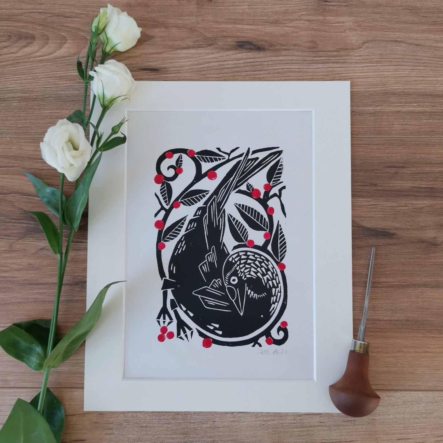Jackdaw bird folksy Linocut Print