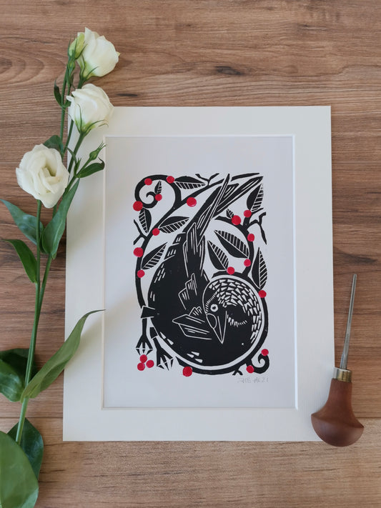 Jackdaw bird folksy Linocut Print