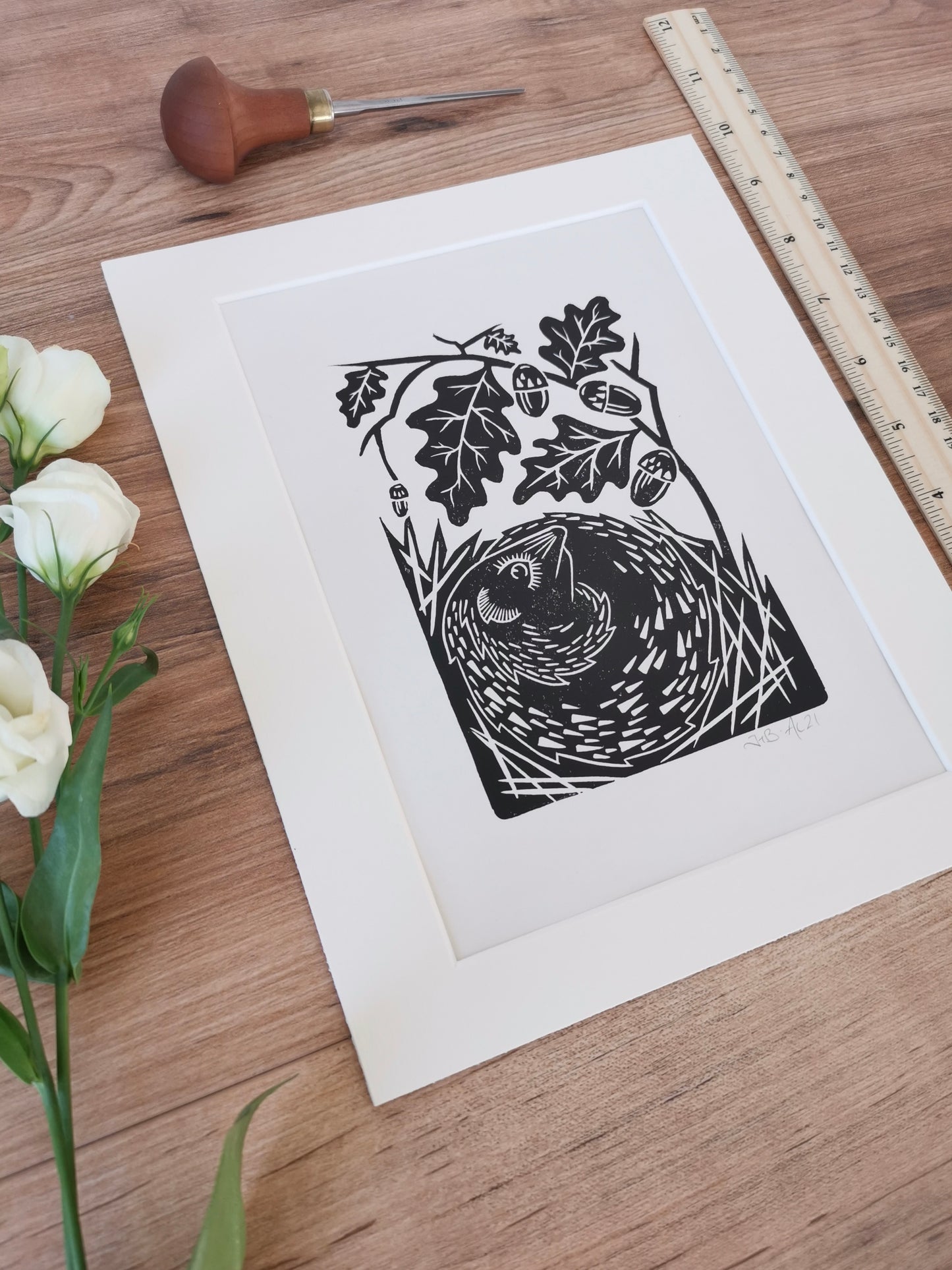 Hedgehog folksy style hand printed linocut nature art print