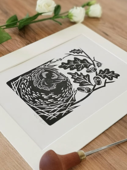 Hedgehog folksy style hand printed linocut nature art print