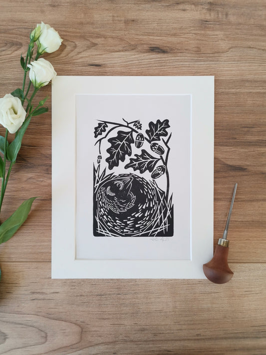 Hedgehog folksy style hand printed linocut nature art print