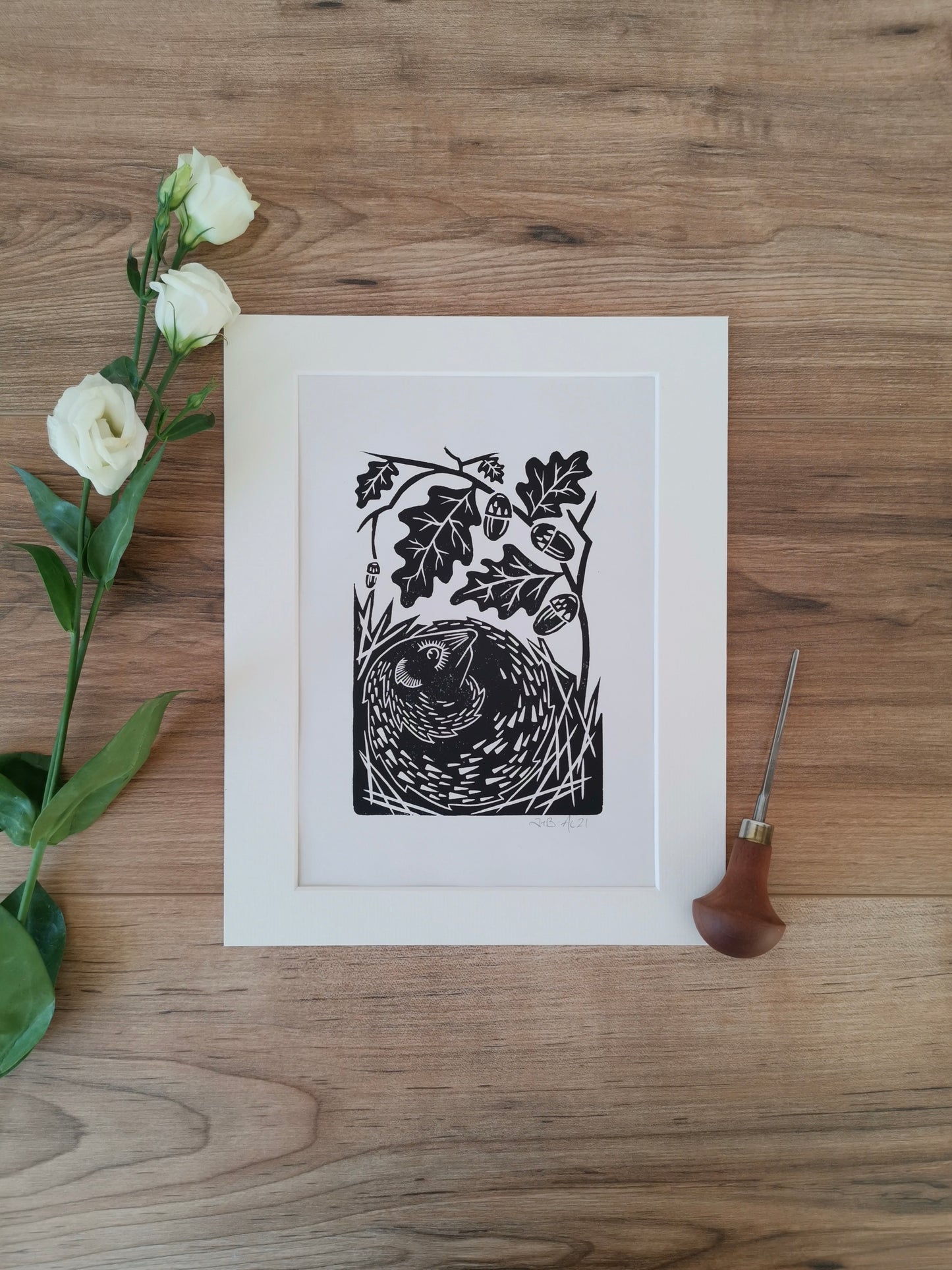 Hedgehog folksy style hand printed linocut nature art print