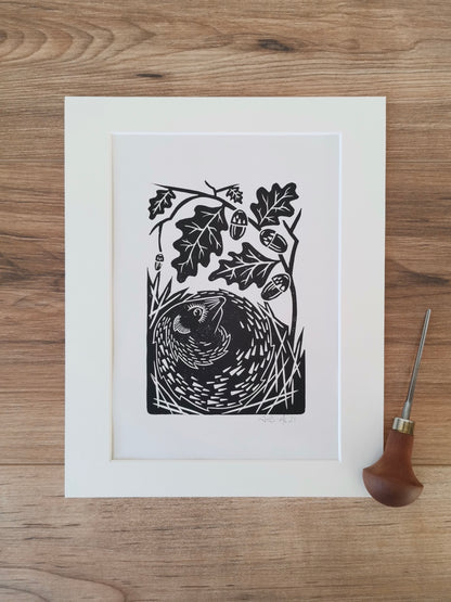 Hedgehog folksy style hand printed linocut nature art print
