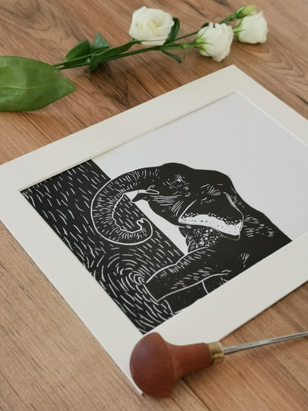 Asian elephant hand printed linocut wildlife art print