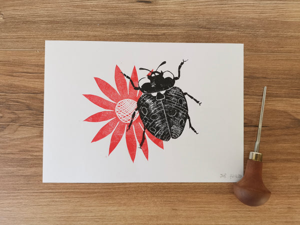 Seven-spot Ladybird on flower, hand printed ladybug original insect Lino print