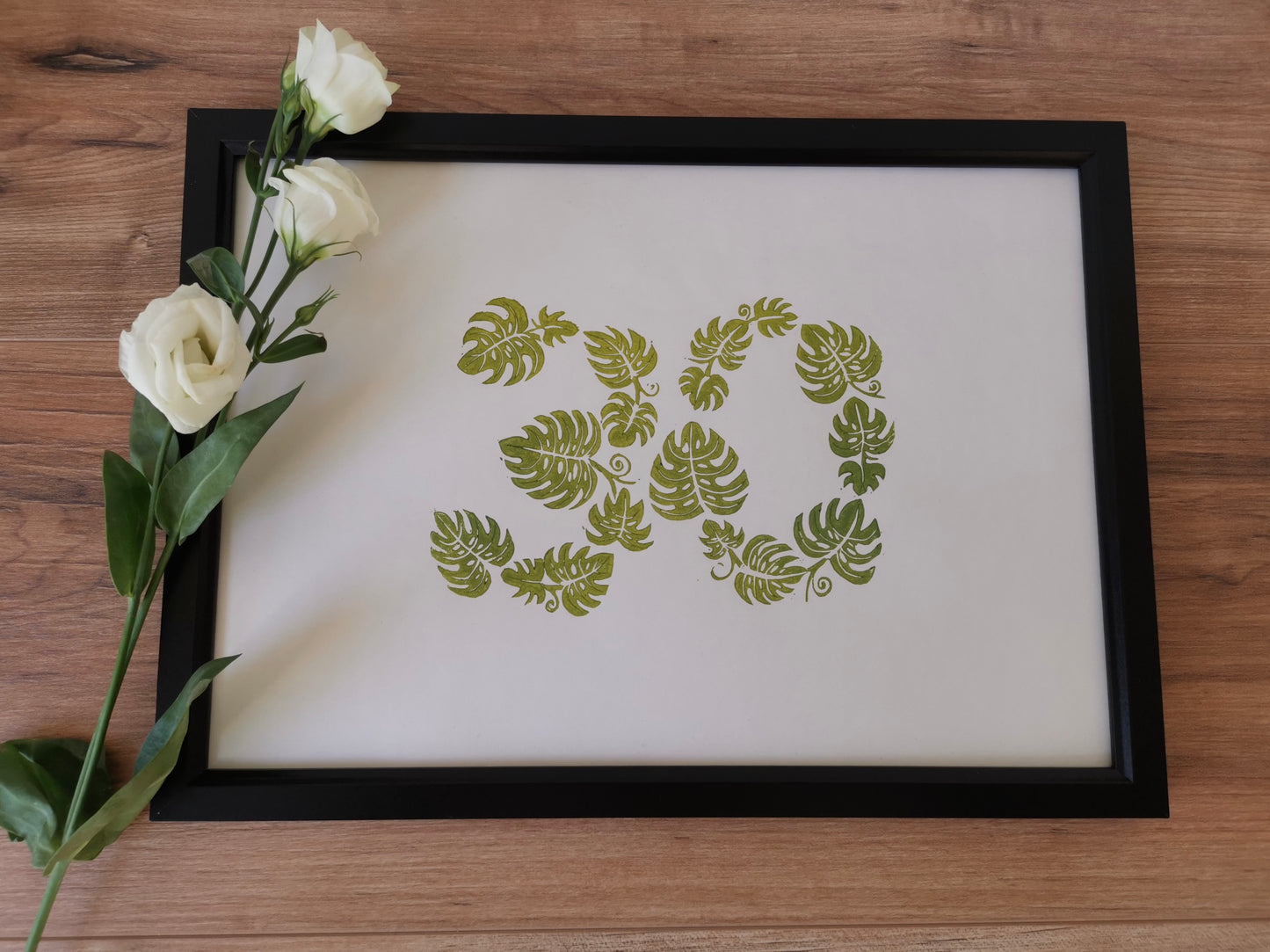Special age monstera leaf lino cut art print birthday, anniversary gift
