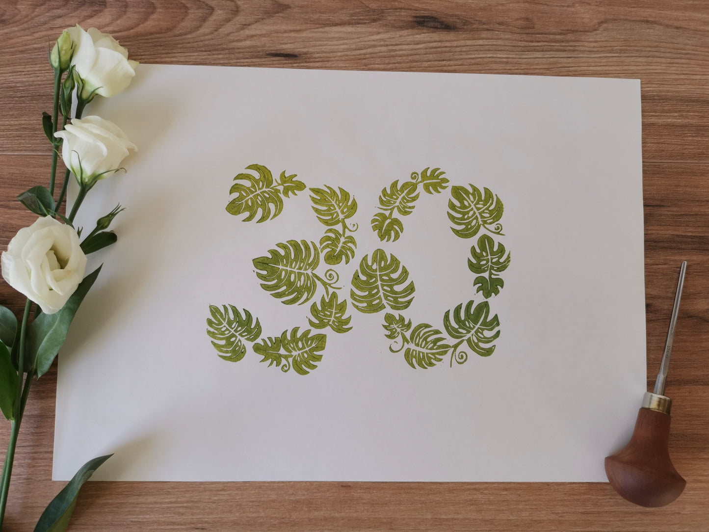 Special age monstera leaf lino cut art print birthday, anniversary gift
