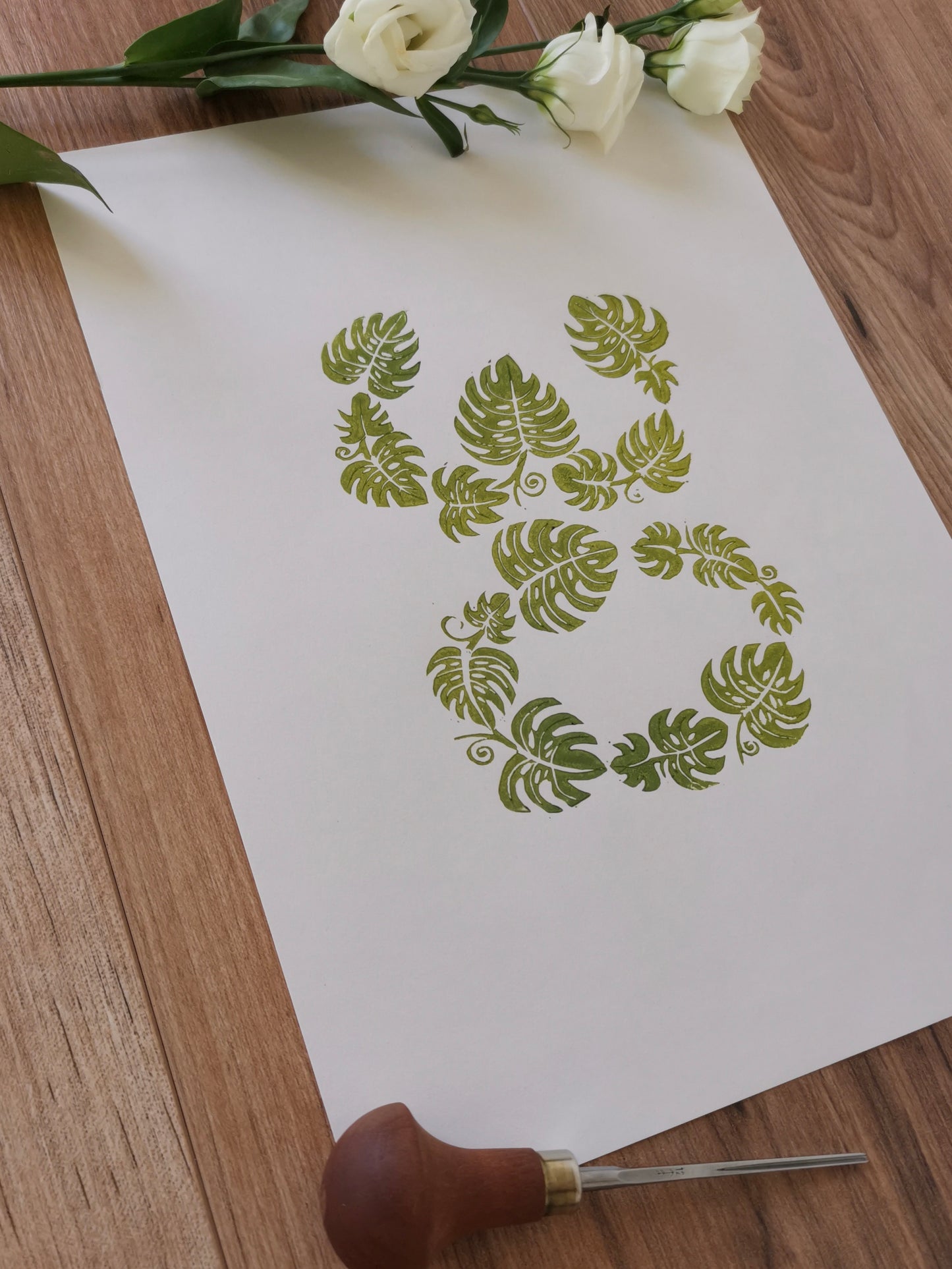 Special age monstera leaf lino cut art print birthday, anniversary gift
