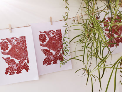 Peekaboo Red Squirrel hand printed linocut nature art print