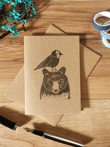 Jackdaw & Bear greeting card, Lino cut print friendship card