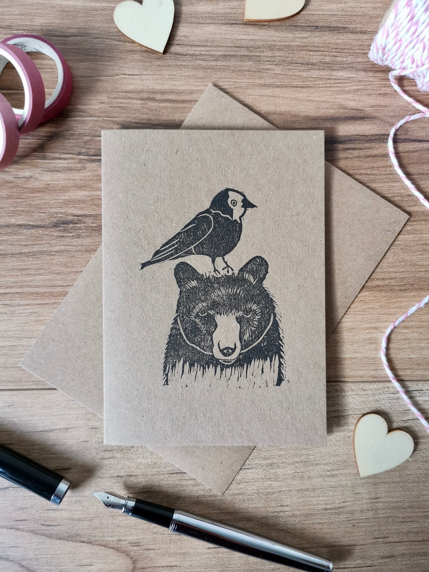 Jackdaw & Bear greeting card, Lino cut print friendship card