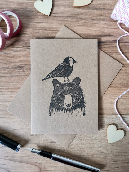 Jackdaw & Bear greeting card, Lino cut print friendship card