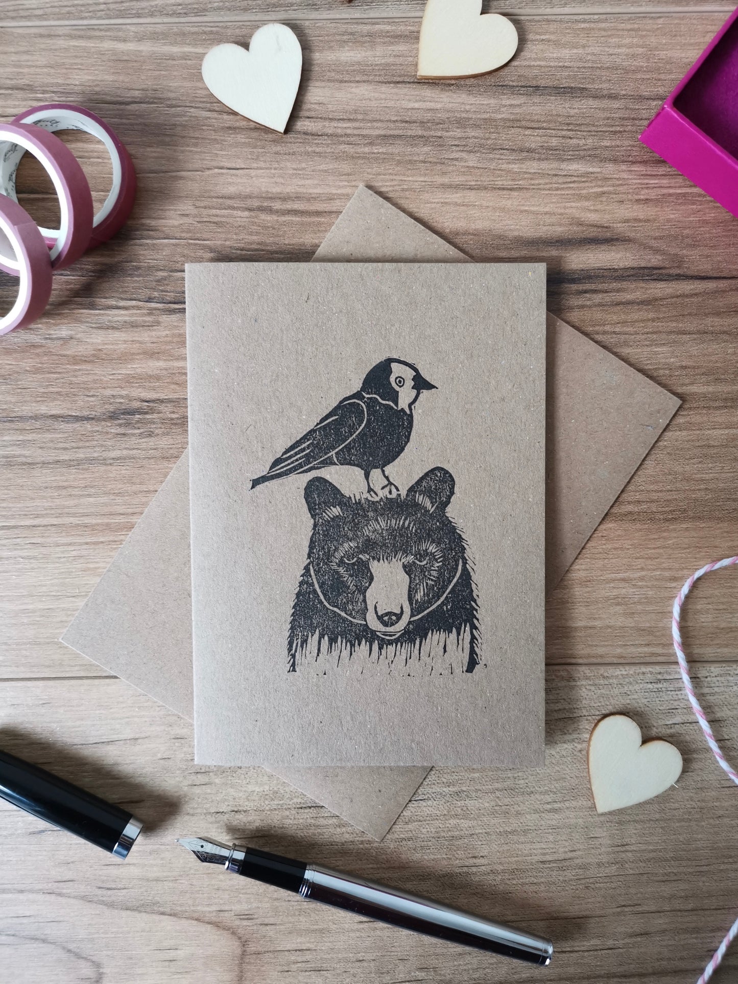 Jackdaw & Bear greeting card, Lino cut print friendship card