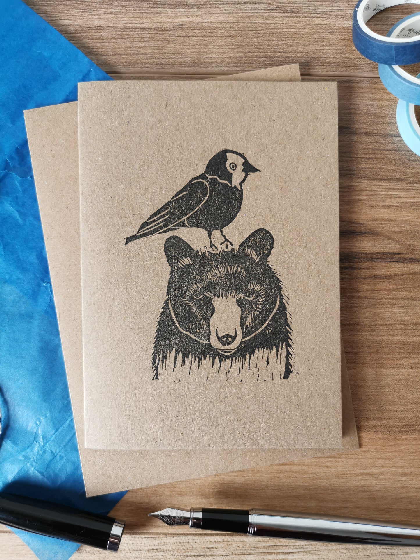 Jackdaw & Bear greeting card, Lino cut print friendship card