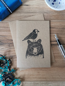 Jackdaw & Bear greeting card, Lino cut print friendship card