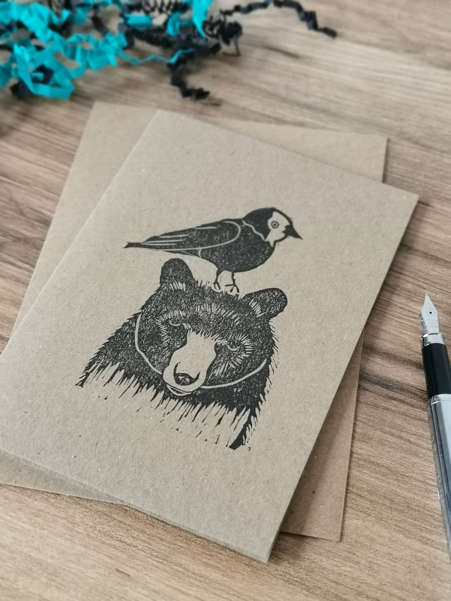 Jackdaw & Bear greeting card, Lino cut print friendship card