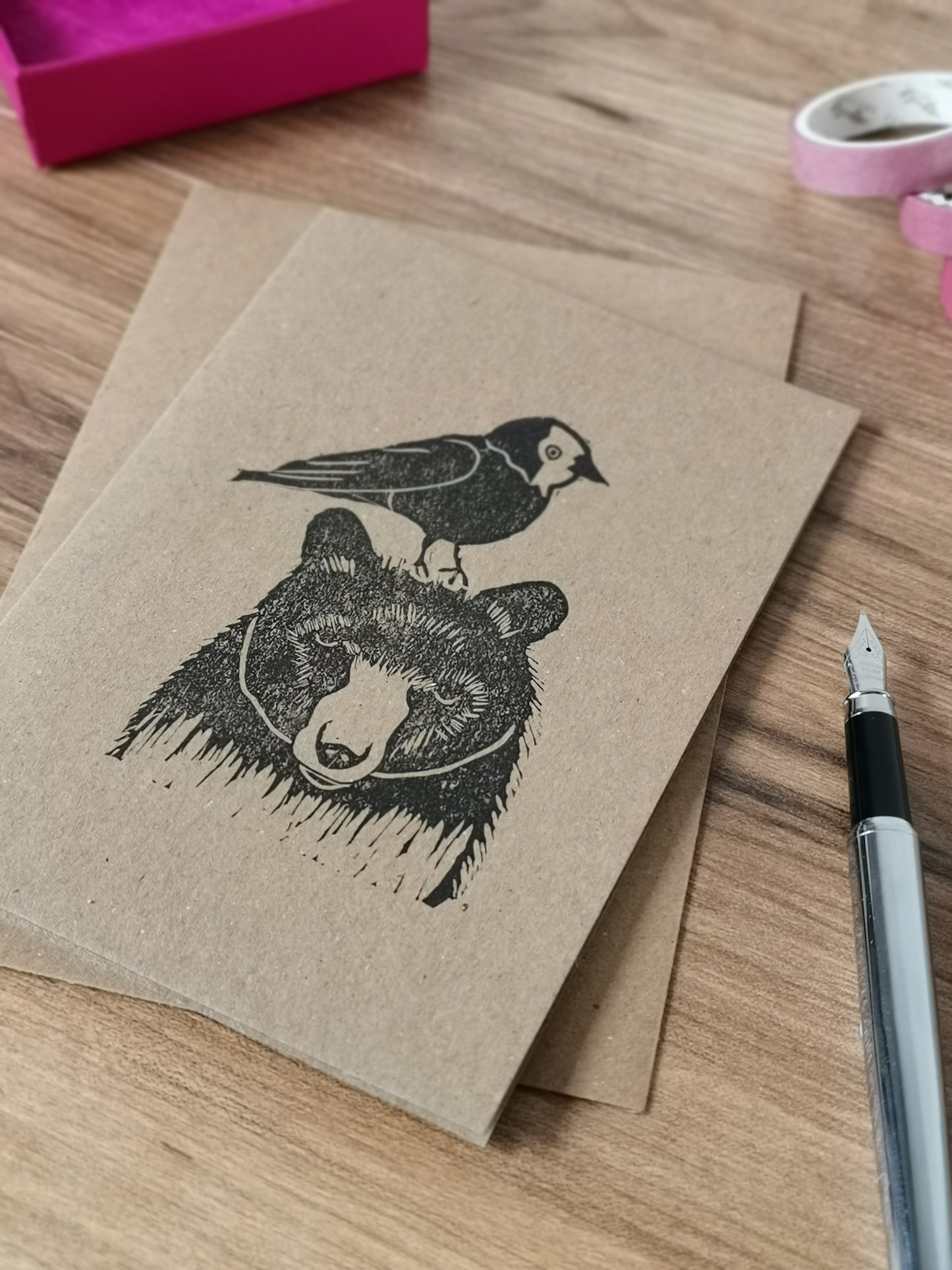 Jackdaw & Bear greeting card, Lino cut print friendship card