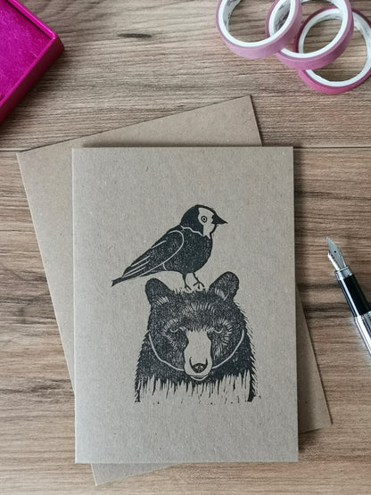 Jackdaw & Bear greeting card, Lino cut print friendship card