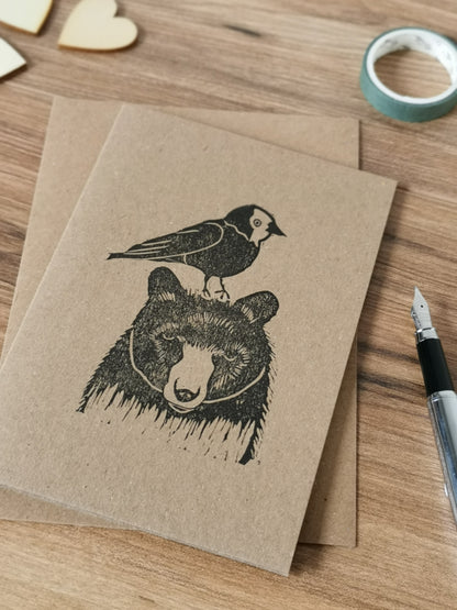 Jackdaw & Bear greeting card, Lino cut print friendship card