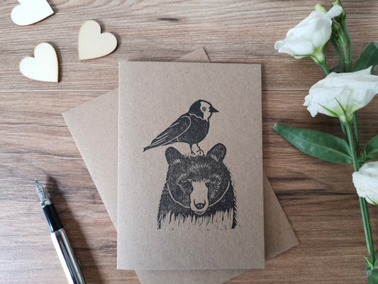 Jackdaw & Bear greeting card, Lino cut print friendship card
