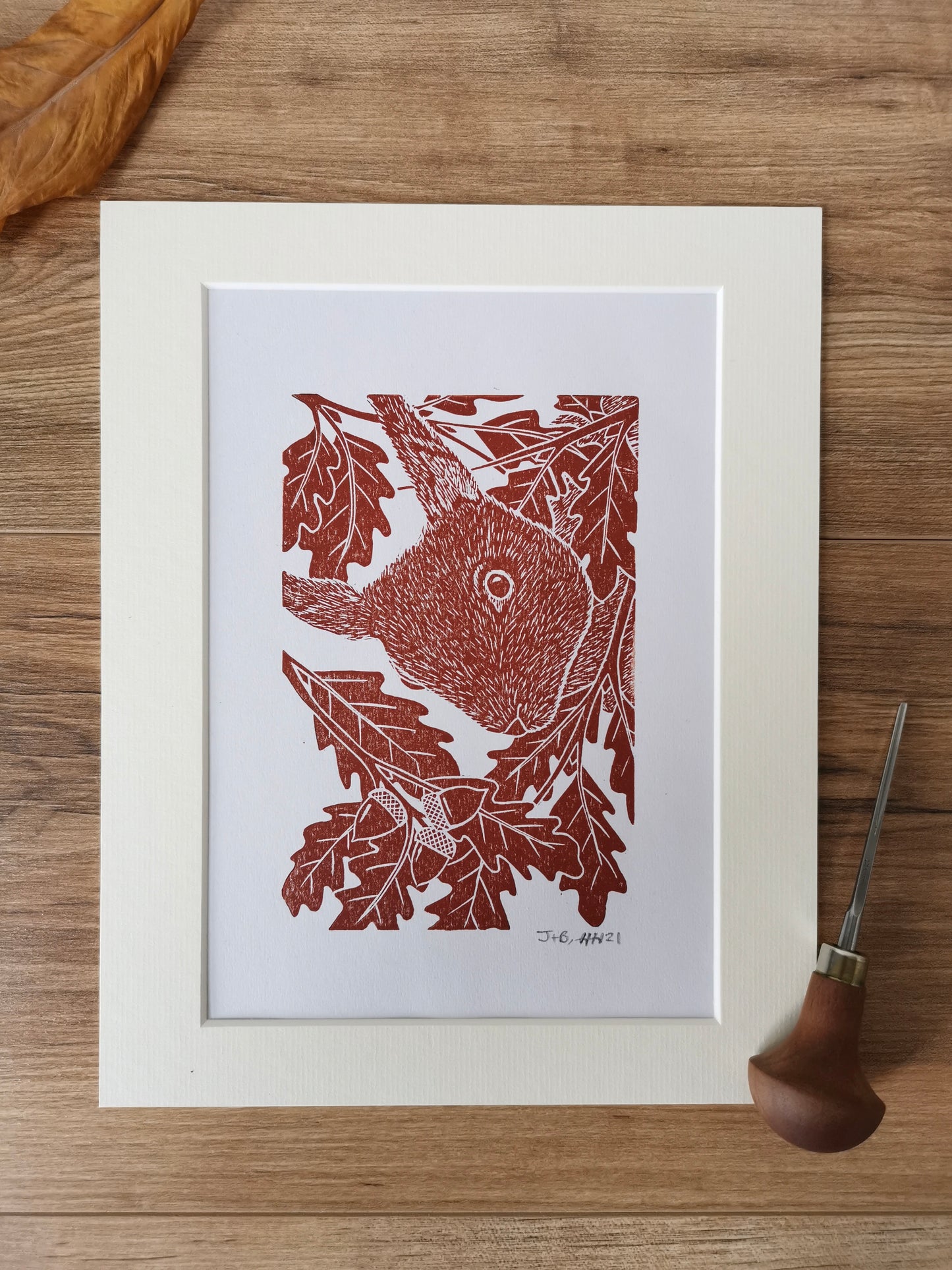 Peekaboo Red Squirrel hand printed linocut nature art print