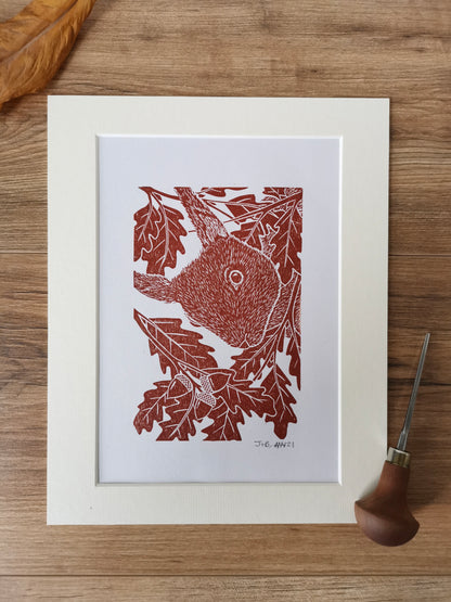 Peekaboo Red Squirrel hand printed linocut nature art print