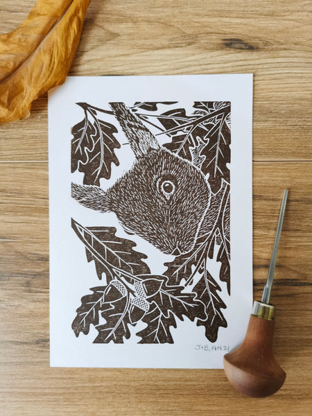 Red Squirrel hand printed linocut nature art print