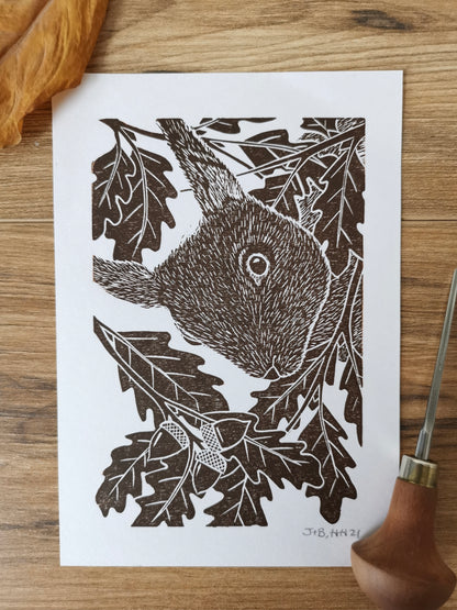 Red Squirrel hand printed linocut nature art print