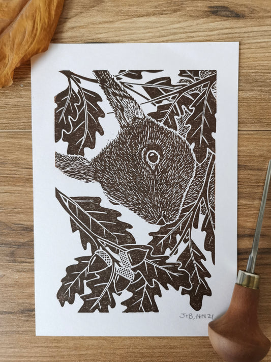 Red Squirrel hand printed linocut nature art print
